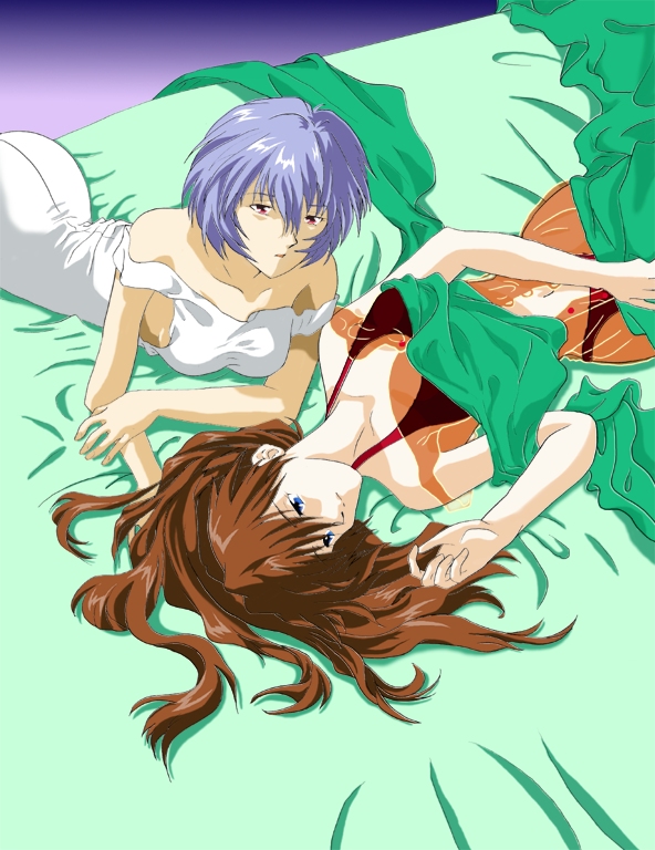 ayanami rei, souryuu asuka langley, neon genesis evangelion, blue eyes, blue hair, red eyes, red hair