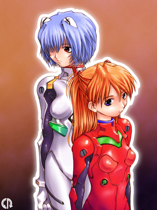 ayanami rei, souryuu asuka langley, neon genesis evangelion, blue eyes, blue hair, mecha pilot suit, plugsuit (evangelion), red eyes, red hair