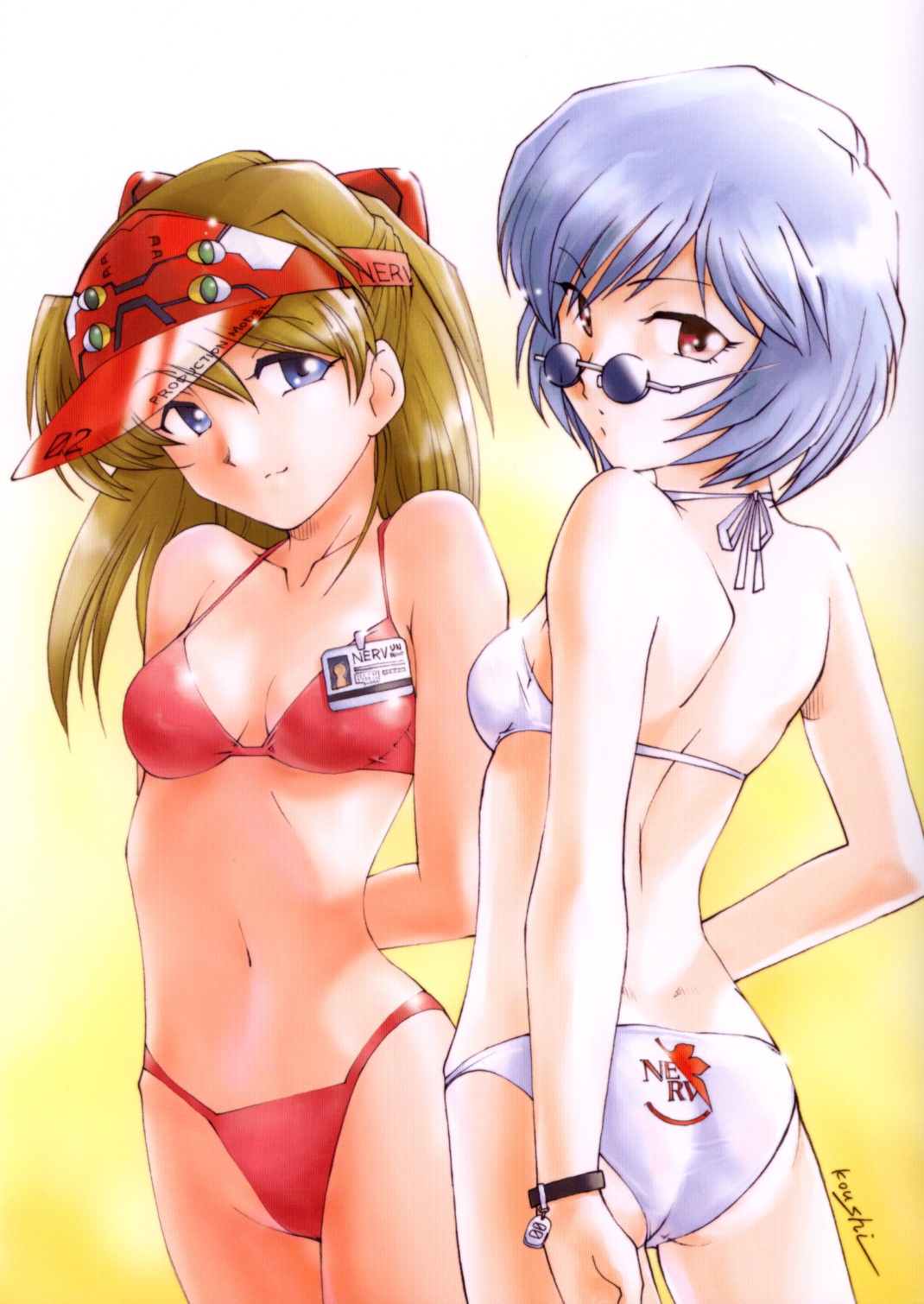 ichiba ko'ushi, ayanami rei, souryuu asuka langley, neon genesis evangelion, visor, highres, 2girls, arms behind back, ass, bikini, blue eyes, blue hair, breasts, brown hair, glasses, looking at viewer, looking back, medium breasts, multiple girls, navel, nerv, red bikini, red eyes, shiny skin, simple background, swimsuit, thong, thong bikini, visor cap, wide hips