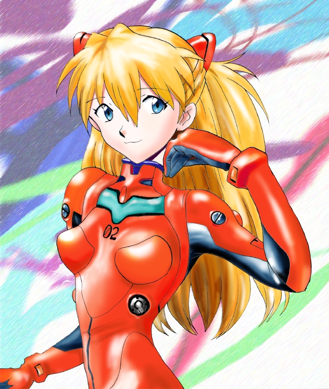 souryuu asuka langley, neon genesis evangelion, blue eyes, bodysuit, hair ornament, latex, long hair, mecha pilot suit, plugsuit (evangelion), red bodysuit, red hair