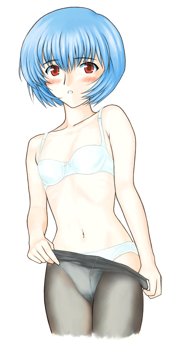 ayanami rei, neon genesis evangelion, black pantyhose, blue hair, blush, bra, panties, pantyhose, red eyes, short hair, underwear, white bra, white panties