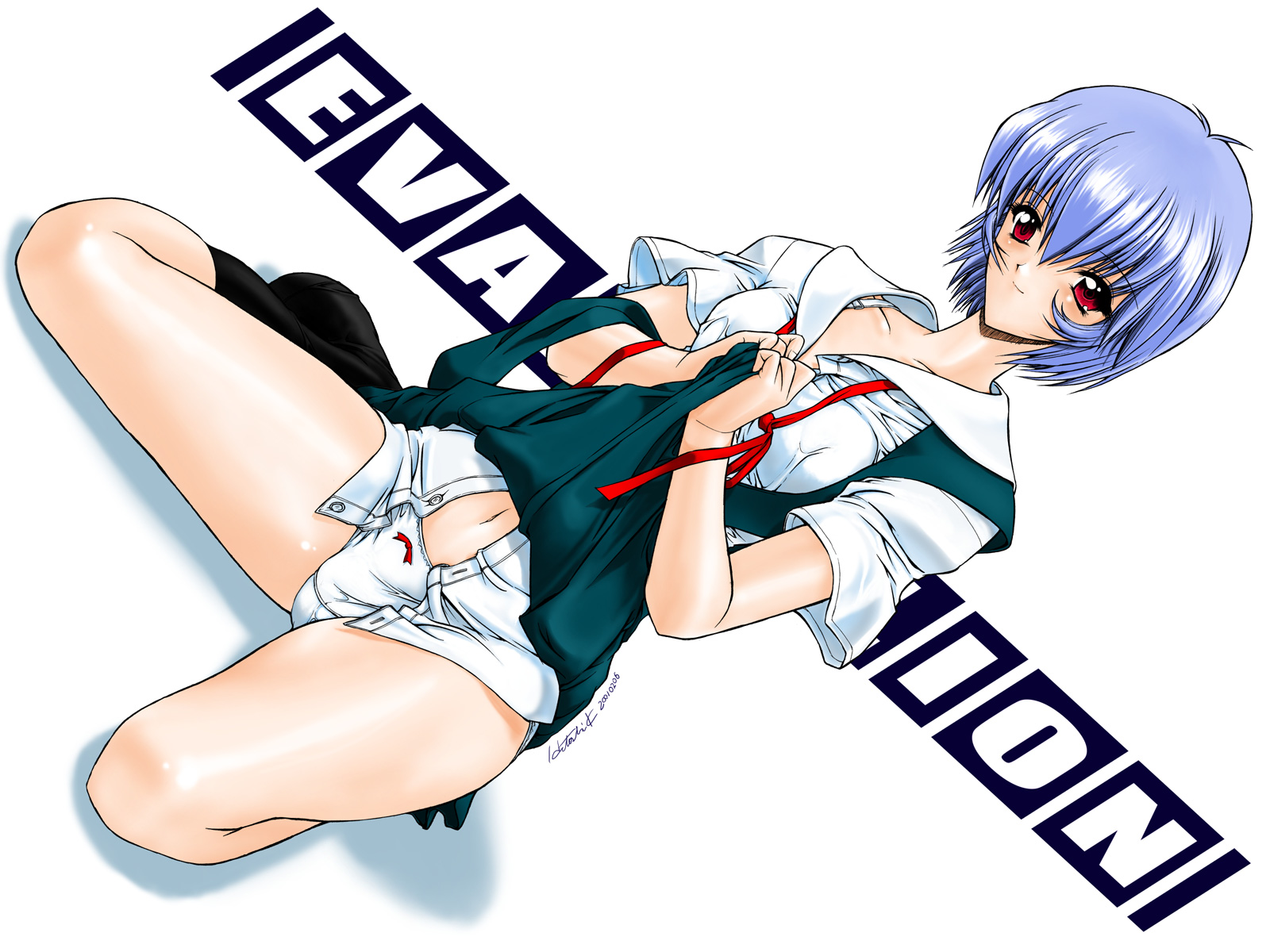 kino hitoshi, ayanami rei, neon genesis evangelion, highres, blue hair, panties, red eyes, underwear