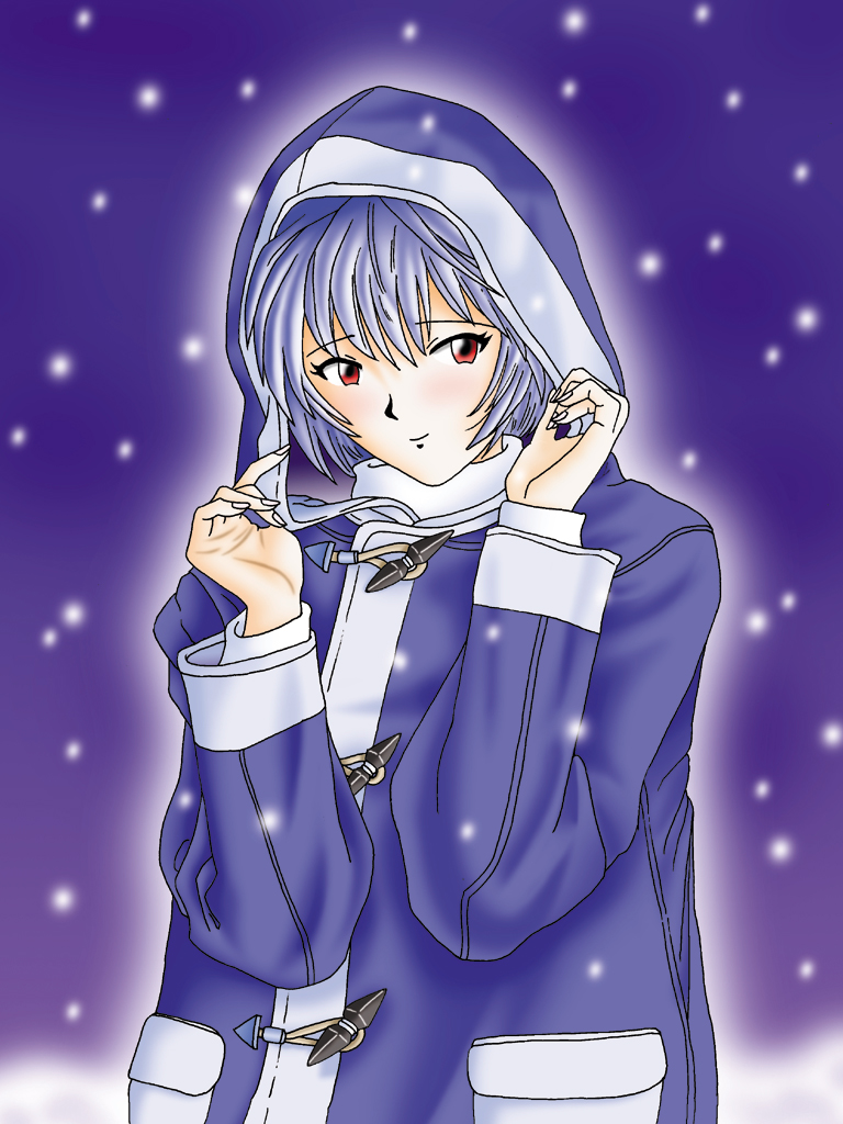 ayanami rei, neon genesis evangelion, blue hair, red eyes, snow