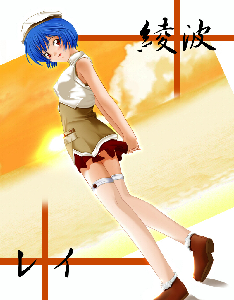 ayanami rei, neon genesis evangelion, blue hair, red eyes, thighhighs