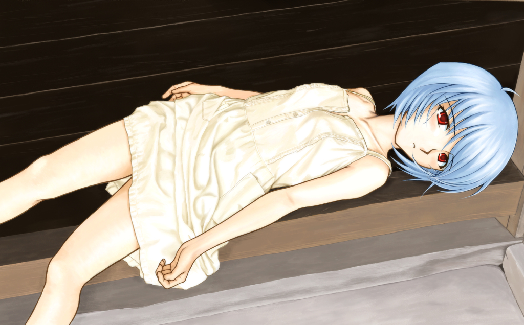 ayanami rei, neon genesis evangelion, 1girl, blue hair, breasts, dress, female focus, red eyes, short hair, small breasts, solo