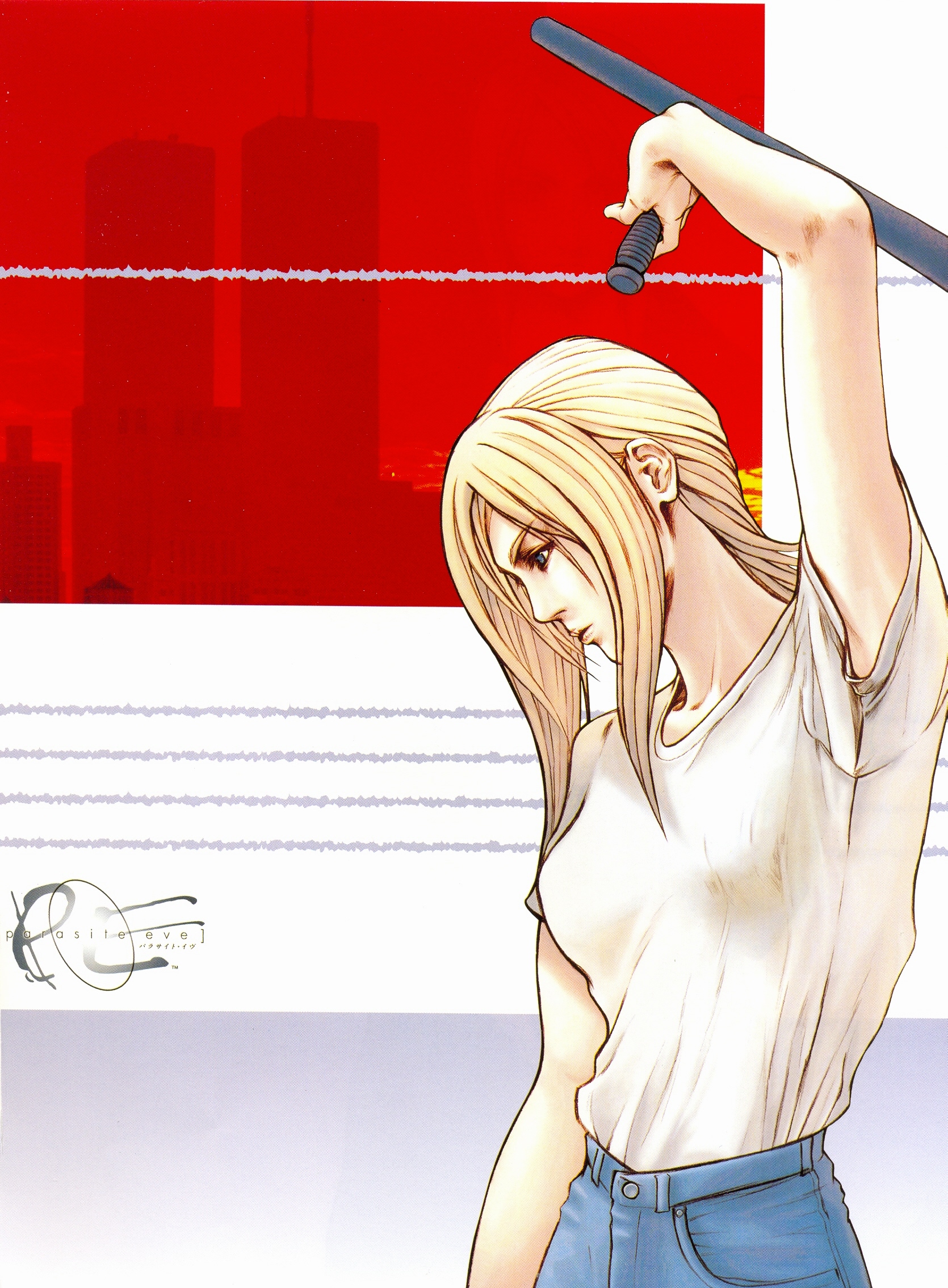 nomura tetsuya, aya brea, parasite eve (series), parasite eve i, square enix, artbook, game cg, highres, official art, 1girl, arm above head, blonde hair, blue eyes, denim, holding, holding weapon, jeans, logo, long hair, looking down, new york city, pants, shirt, short sleeves, simple background, tonfa, weapon, white shirt, world trade center
