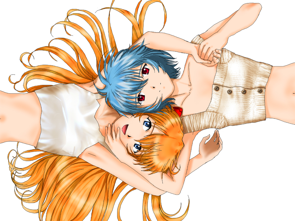 ayanami rei, souryuu asuka langley, neon genesis evangelion, 2girls, blue eyes, blue hair, lingerie, long hair, multiple girls, red eyes, red hair, rotational symmetry, short hair, underwear