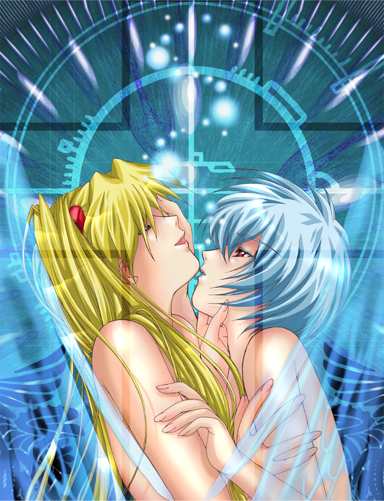 ayanami rei, souryuu asuka langley, neon genesis evangelion, 2girls, blonde hair, blue eyes, blue hair, closed eyes, cross, female focus, multiple girls, nude, red eyes, red hair, upper body, yuri