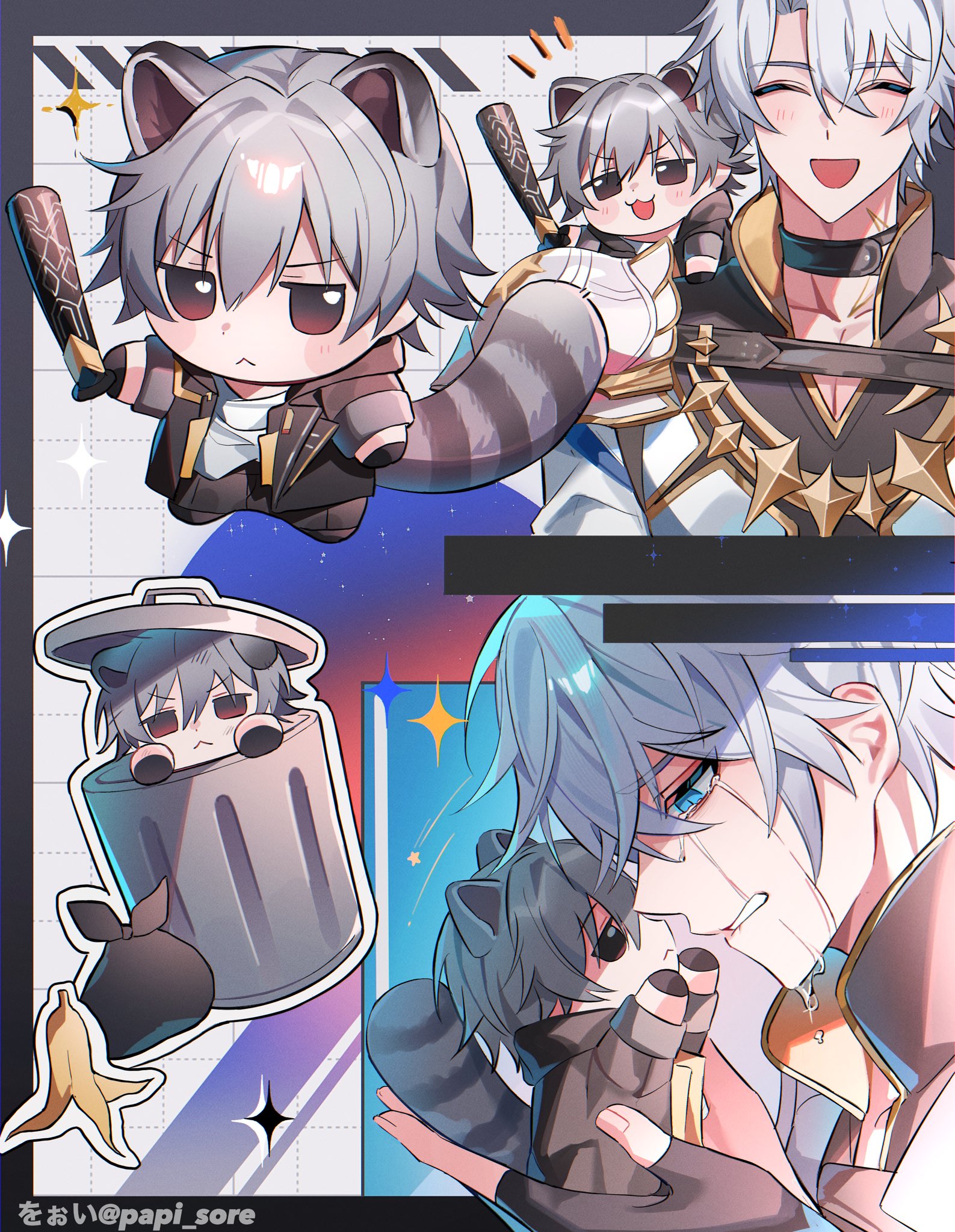 caelus (honkai: star rail), phainon (honkai: star rail), trailblazer (honkai: star rail), honkai: star rail, honkai (series), commentary request, highres, 2boys, :<, animal ears, antenna hair, armor, arms up, artist name, banana peel, baseball bat, black boots, black border, black choker, black coat, black gloves, black pants, blue eyes, boots, border, checkered background, choker, closed eyes, closed mouth, coat, collarbone, crossed bangs, crying, crying with eyes open, empty eyes, fingerless gloves, fingernails, gloves, gold trim, grey hair, hair between eyes, half-closed eyes, hands up, happy, holding, holding baseball bat, hood, hooded coat, jacket, kemonomimi mode, lapels, long sleeves, looking at another, looking at viewer, male focus, mini person, miniboy, multiple boys, multiple views, neck tattoo, notice lines, open clothes, open coat, open mouth, outside border, pants, papi sore, raccoon ears, raccoon tail, red eyes, sad, shirt, short hair, shoulder armor, smile, sparkle, star (symbol), sun symbol, sun tattoo, t-shirt, tail, tan, tattoo, tears, trash bag, trash can, v-shaped eyebrows, white background, white hair, white jacket, white shirt