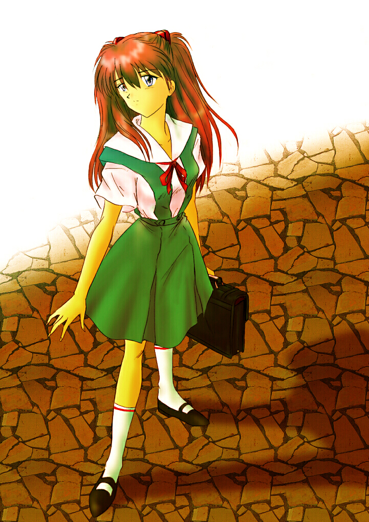 souryuu asuka langley, neon genesis evangelion, blue eyes, red hair, school uniform, serafuku