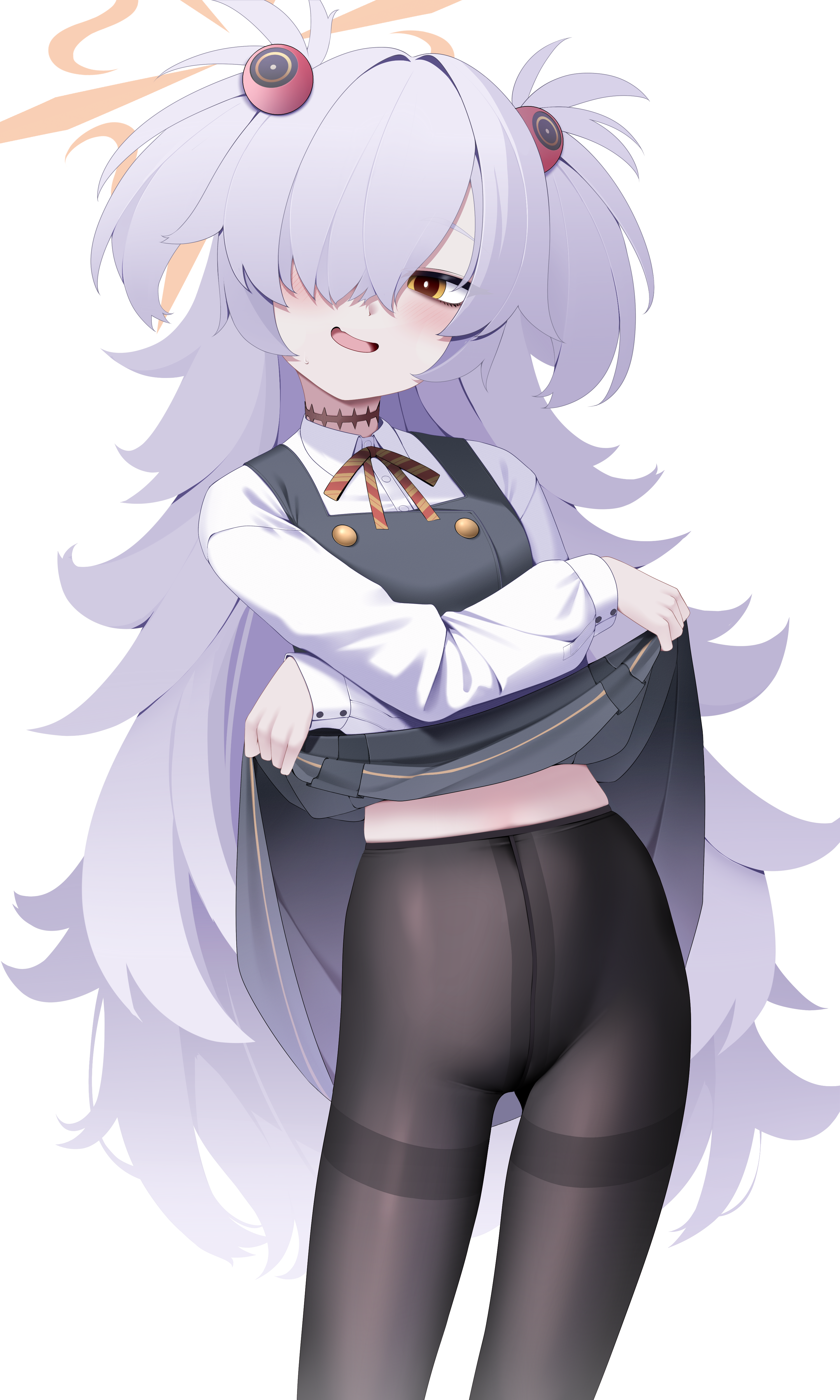 z.taiga, kanoe (blue archive), blue archive, absurdres, commentary, highres, 1girl, bags under eyes, black pantyhose, clothes lift, dress, hair over one eye, halo, lifting own clothes, long hair, looking at viewer, open mouth, pantyhose, shirt, simple background, solo, white background, white shirt
