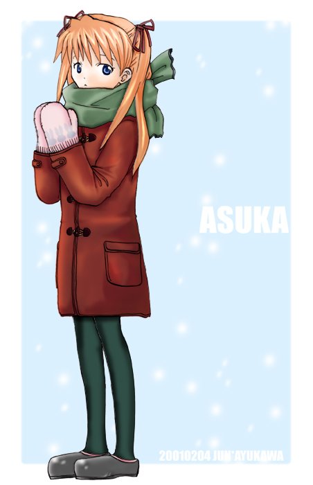 souryuu asuka langley, gainax, neon genesis evangelion, artist request, 1girl, blue eyes, brown hair, coat, female focus, long hair, pantyhose, scarf, solo, twintails, two side up