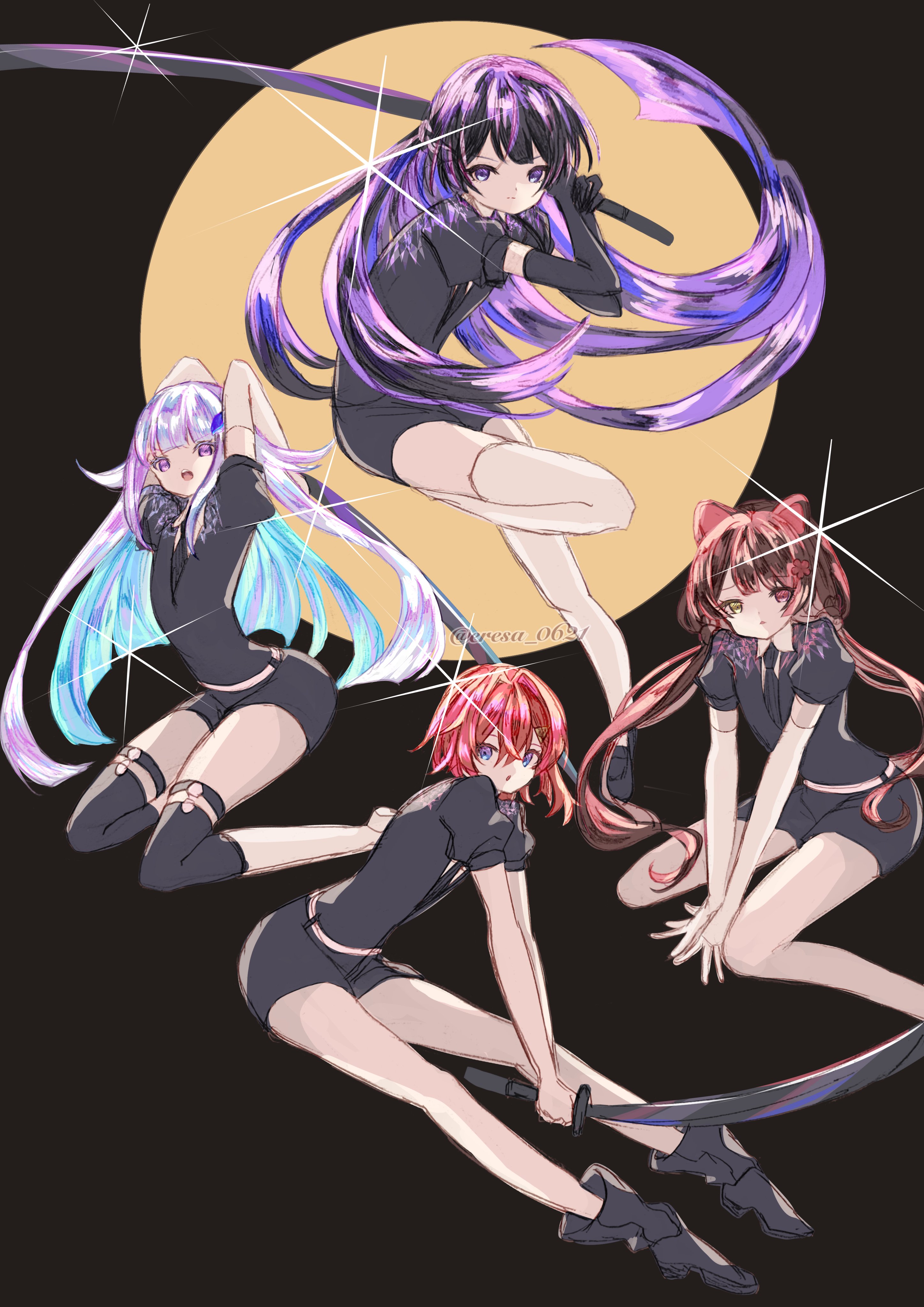 eresa, ange katrina, inui toko, lize helesta, tsukino mito, houseki no kuni, nijisanji, absurdres, commentary request, highres, 4girls, :o, alternate breast size (smaller), animal ears, ankle boots, arm support, arms up, black background, black boots, black gloves, black necktie, black shirt, black shoes, black shorts, black thighhighs, blue eyes, blue hair, blunt ends, boots, brown hair, closed mouth, crossover, dog ears, elbow gloves, flat chest, floating hair, flower, full moon, glint, gloves, hair flower, hair intakes, hair ornament, hands up, heterochromia, holding, holding sword, holding weapon, kneeling, long hair, long sidelocks, looking at viewer, low twintails, matching outfits, moon, moon background, multicolored hair, multiple girls, necktie, no tail, open mouth, over shoulder, pink hair, puffy short sleeves, puffy sleeves, purple eyes, purple hair, red eyes, red hair, sanbaka (nijisanji), shirt, shoes, short hair, short sleeves, shorts, sidelocks, sitting, standing, standing on one leg, sword, sword over shoulder, thighhighs, twintails, twitter username, two-handed, two-tone hair, very long hair, virtual youtuber, weapon, weapon over shoulder, white boots, white gloves, white thighhighs, yellow eyes
