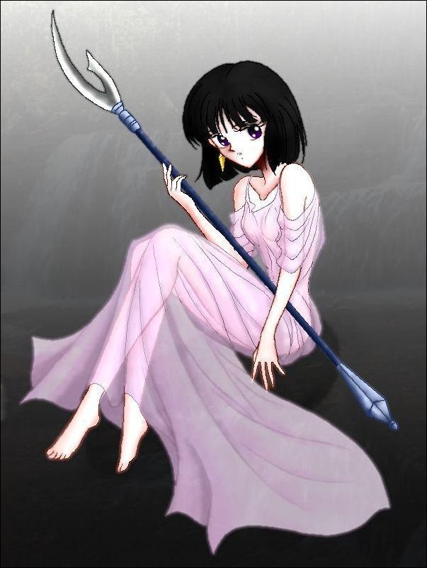 tomoe hotaru, bishoujo senshi sailor moon, jpeg artifacts, 1990s (style), 1girl, black hair, dress, female focus, glaive (polearm), polearm, purple eyes, retro artstyle, solo, weapon