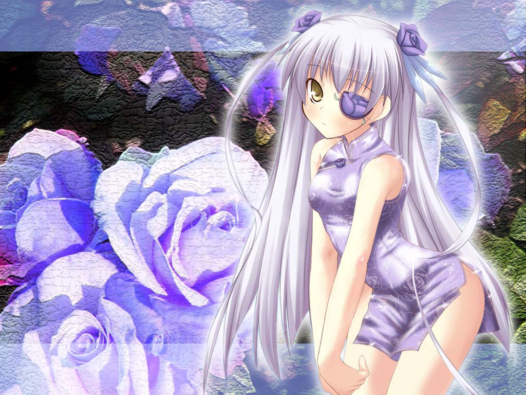 shimakaze (soundz of bell), barasuishou, rozen maiden, non-web source, 00s, 1girl, bare shoulders, blush, breasts, china dress, chinese clothes, dress, eyepatch, female focus, flower, long hair, rose, solo, thighs, twintails, two side up, white hair, yellow eyes