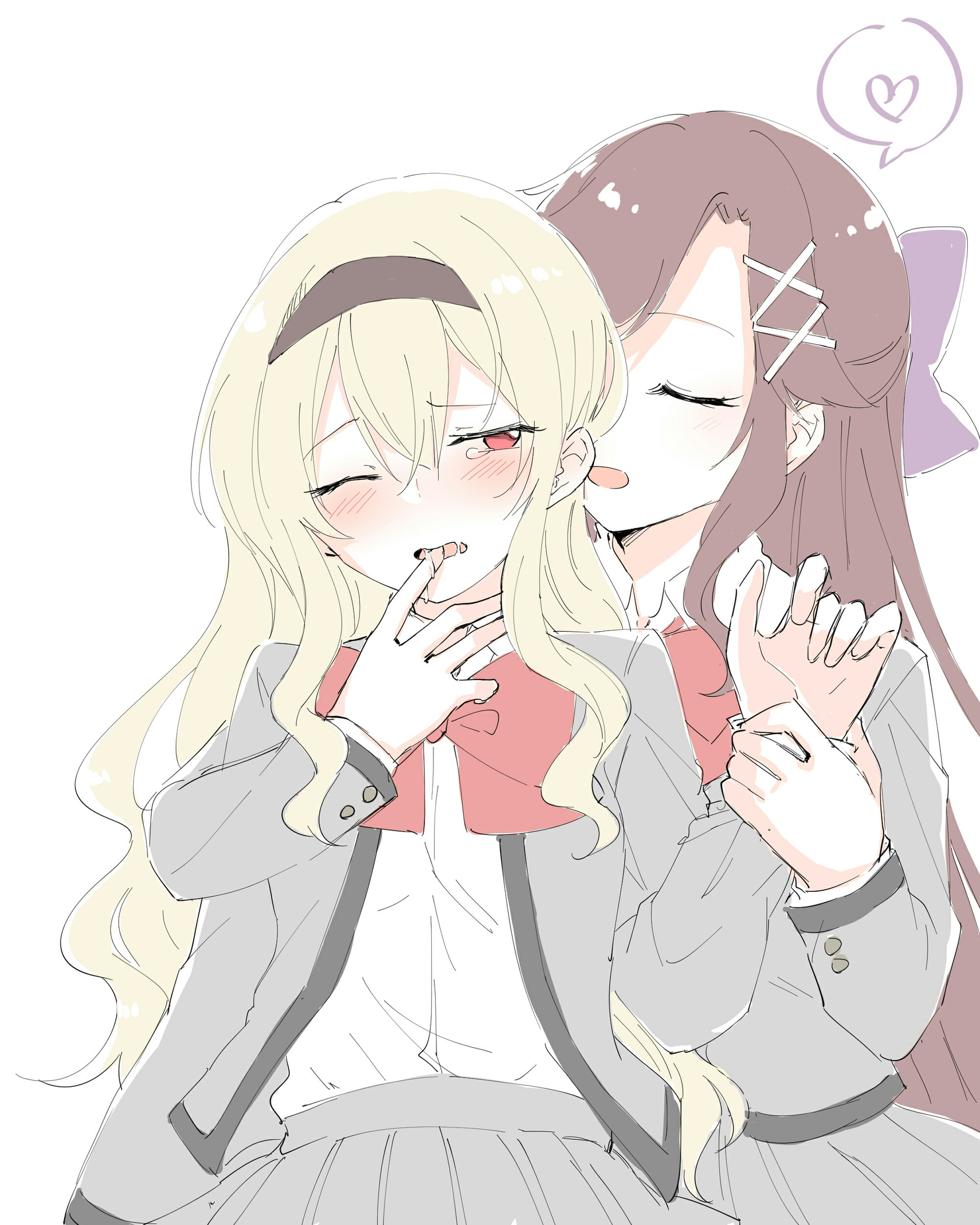 saijou claudine, tendou maya, shoujo kageki revue starlight, highres, 2girls, behind another, blonde hair, bow, brown hair, brown headband, closed eyes, couple, drooling, finger in another's mouth, grabbing from behind, headband, holding another's wrist, hug, hug from behind, karamatsuyashinaitai, licking, licking finger, multiple girls, one eye closed, purple ribbon, red bow, red eyes, ribbon, saliva on hand, school uniform, white background, yuri