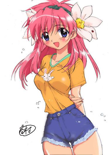 milfeulle sakuraba, galaxy angel, eyebrows, 00s, 1girl, arms behind back, blue eyes, blush, cutoffs, denim, dutch angle, female focus, flower, hair flower, hair ornament, long hair, looking at viewer, open mouth, pink hair, shirt, shorts, simple background, smile, solo, t-shirt, white background