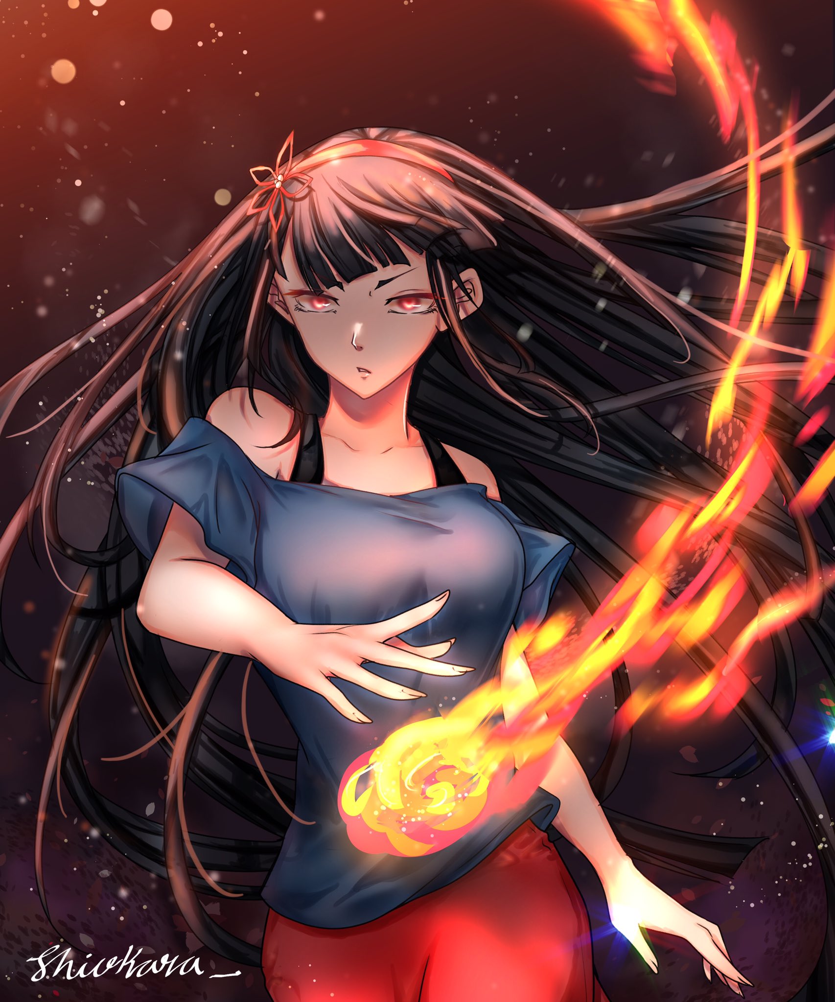shanny shank, yeon yihwa, tower of god, highres, 1girl, arm at side, artist name, bare shoulders, black hair, blue shirt, blunt bangs, breasts, collarbone, cowboy shot, dark background, diffraction spikes, embers, fire, fireball, floating hair, flower hairband, hairband, hand up, lens flare, light particles, long hair, looking at viewer, magic, medium breasts, off-shoulder shirt, off shoulder, outstretched hand, pants, parted lips, pyrokinesis, red eyes, red hairband, red pants, serious, shinsoo (tower of god), shirt, sidelocks, signature, solo, sweatpants, very long hair