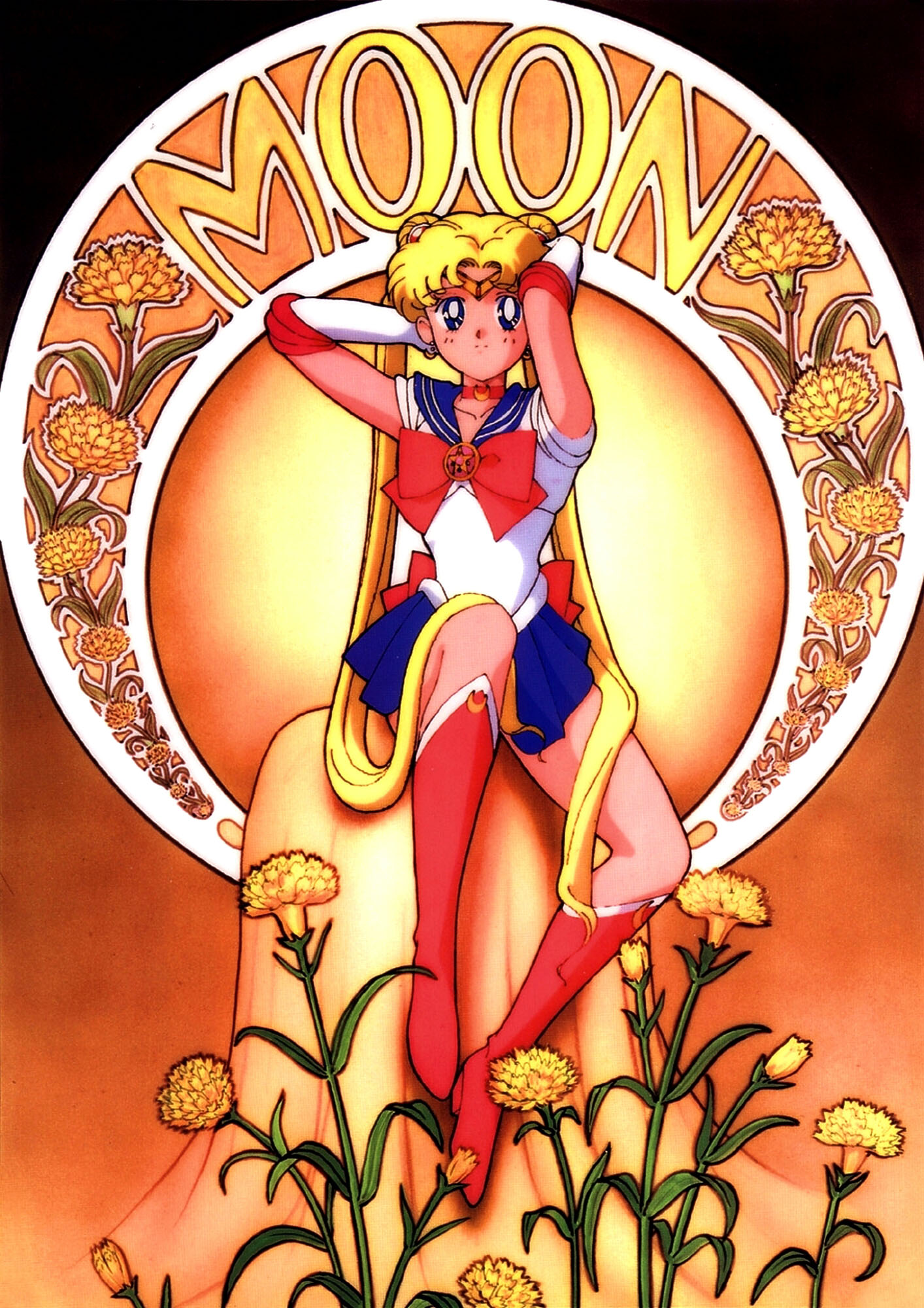 sailor moon, tsukino usagi, bishoujo senshi sailor moon, highres, 1990s (style), 1girl, blonde hair, blue eyes, flower, school uniform, serafuku