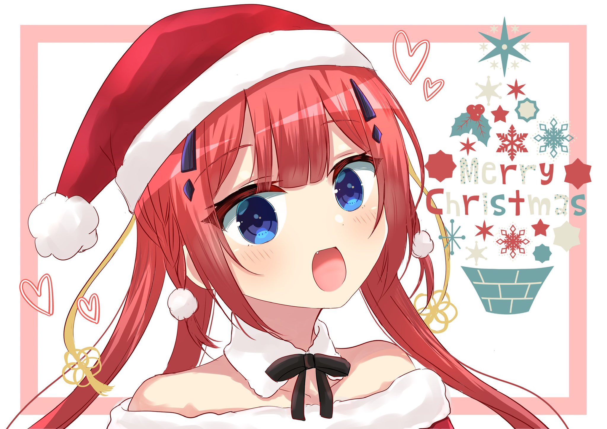 kamiyama shiki, summer pockets, commentary, highres, 1girl, :d, alternate costume, bare shoulders, black bow, black bowtie, blue eyes, blunt bangs, blush, bow, bowtie, braid, christmas, collarbone, detached collar, eyelashes, fang, hair ornament, hairclip, happy, hat, heart, long hair, looking at viewer, merry christmas, mumusubisan0704, open mouth, pom pom (clothes), pom pom hair ornament, ponytail, portrait, red hair, red hat, santa costume, santa hat, sidelocks, simple background, smile, solo, split ponytail, straight hair, tassel, tassel hair ornament, twin braids, white background