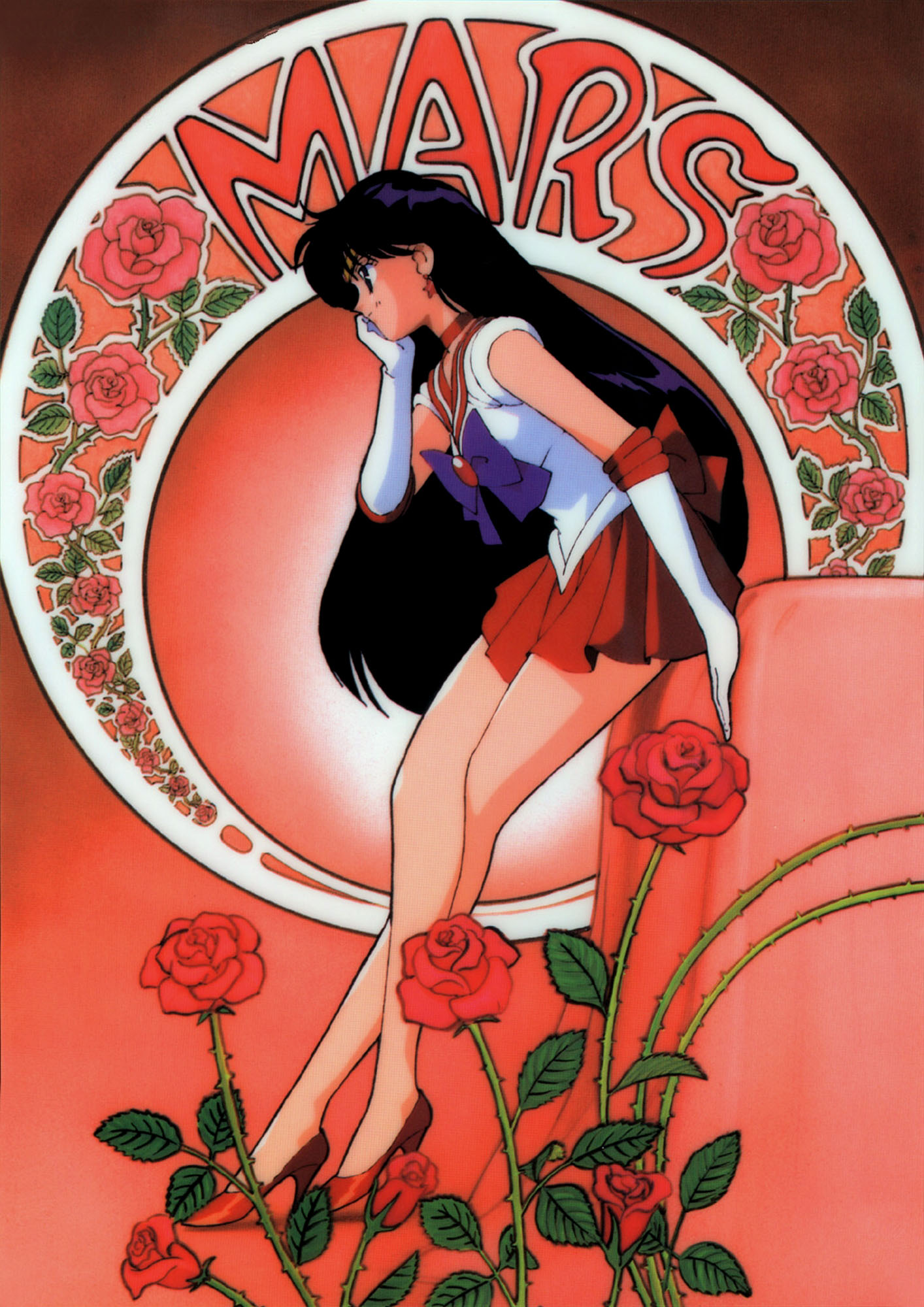 hino rei, sailor mars, bishoujo senshi sailor moon, highres, 1990s (style), 1girl, black hair, choker, elbow gloves, female focus, flower, gloves, high heels, legs, long hair, rose, school uniform, serafuku, skirt, solo