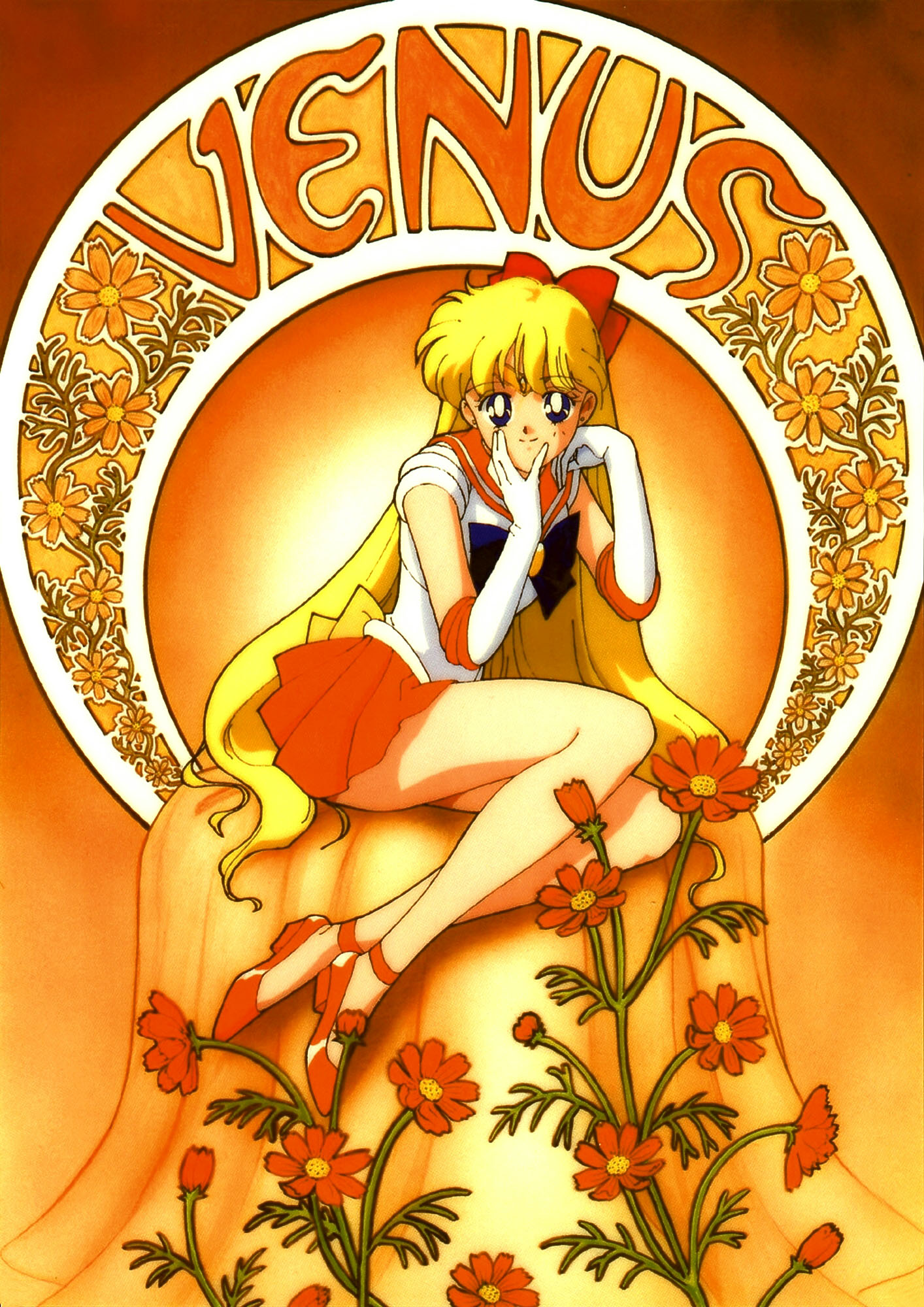 aino minako, sailor venus, bishoujo senshi sailor moon, highres, 1990s (style), 1girl, blonde hair, blue eyes, female focus, flower, retro artstyle, school uniform, serafuku, solo