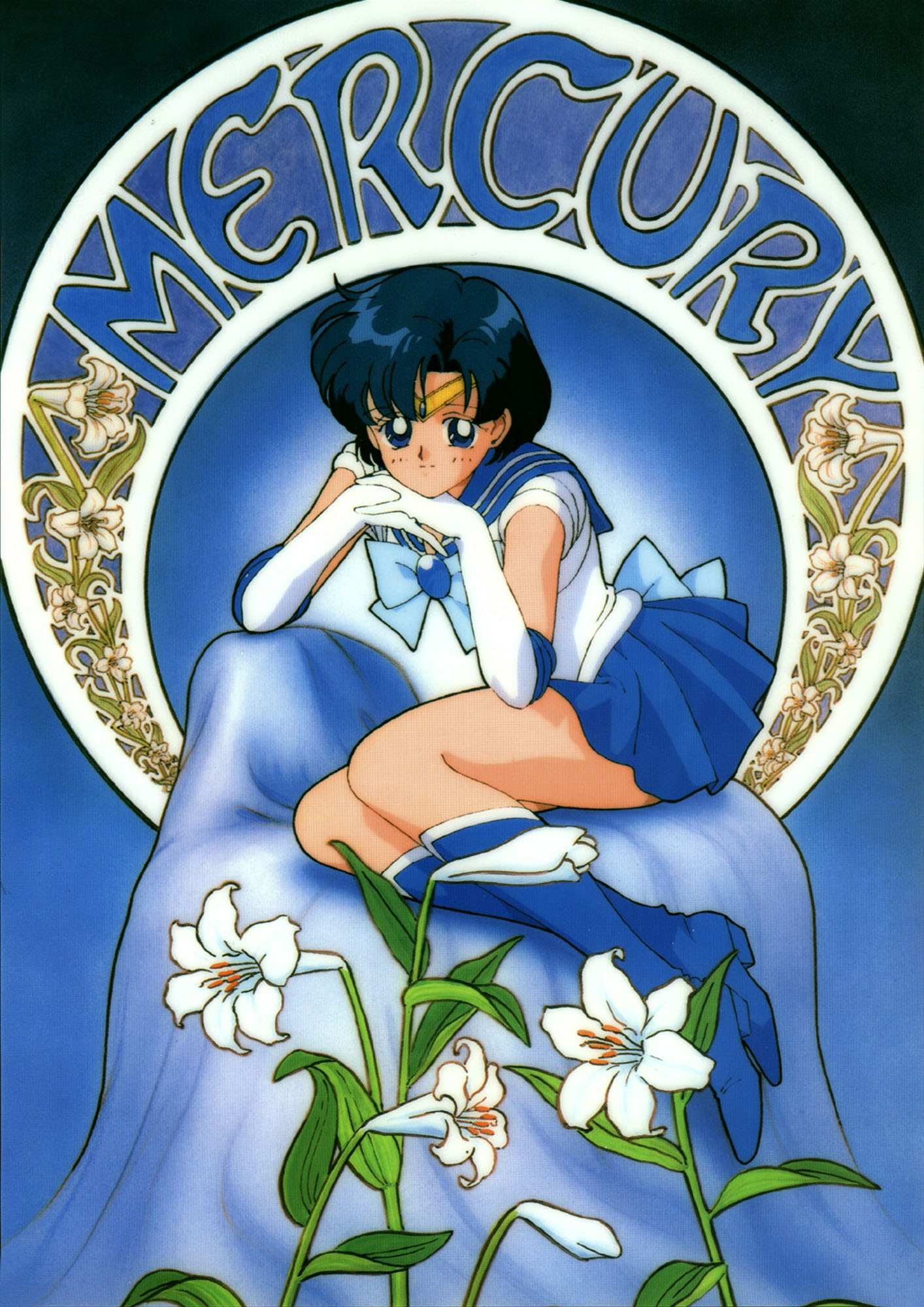 tadano kazuko, mizuno ami, sailor mercury, bishoujo senshi sailor moon, highres, official art, 1990s (style), art nouveau, blue eyes, blue hair, boots, choker, elbow gloves, flower, gloves, knee boots, lilies, retro artstyle, short hair, sitting, smile, tiara
