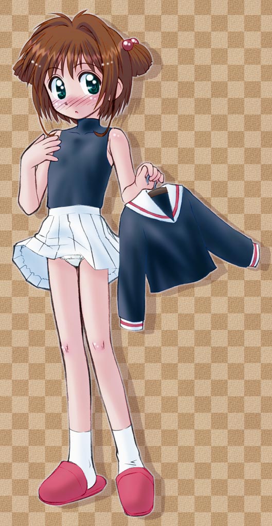 kokekokko coma, kinomoto sakura, cardcaptor sakura, 1990s (style), 1girl, blush, brown hair, child, female focus, flat chest, green eyes, looking at viewer, miniskirt, panties, pantyshot, pleated skirt, retro artstyle, school uniform, serafuku, short hair, skirt, solo, tomoeda middle school uniform, underwear