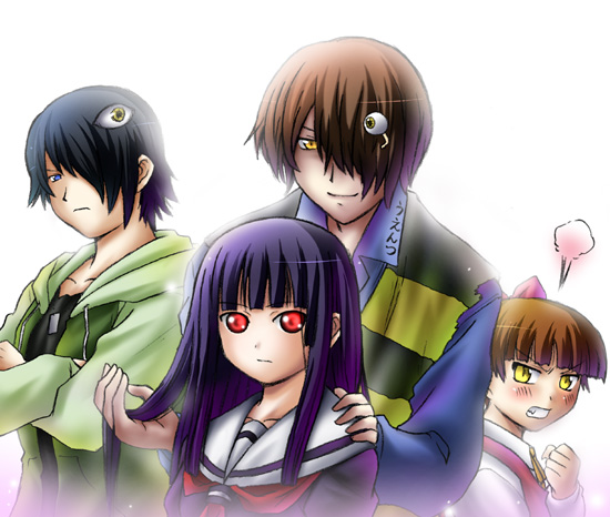 enma ai, ichimoku ren, jigoku shoujo, tagme, 00s, black hair, brown hair, green eyes, red eyes
