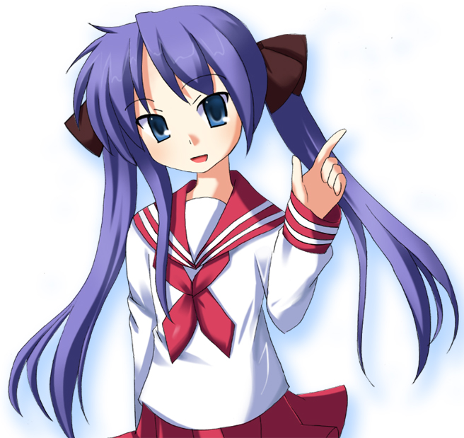 odaya, odayan, hiiragi kagami, lucky star, 00s, 1girl, :d, blue eyes, blue hair, cowboy shot, female focus, index finger raised, long hair, long sleeves, looking at viewer, matching hair/eyes, miniskirt, neckerchief, open mouth, pleated skirt, purple hair, red skirt, sailor collar, school uniform, serafuku, simple background, skirt, smile, solo, upper body, white background