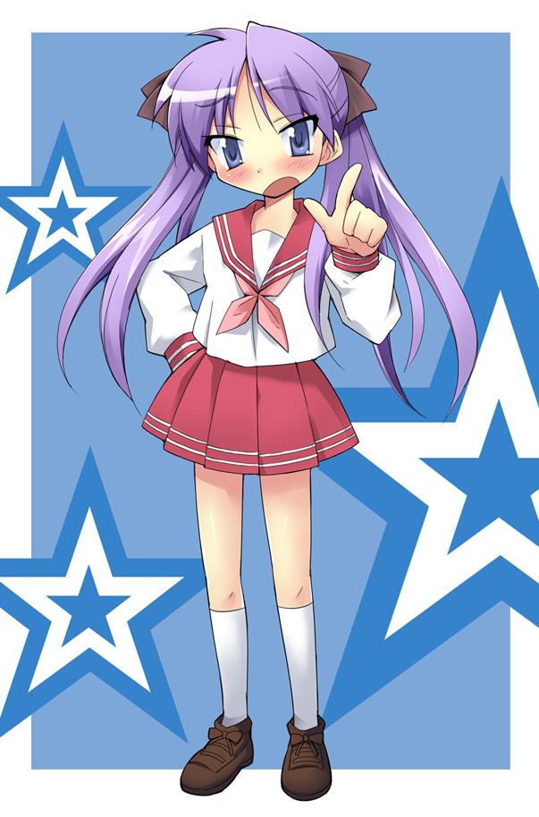 nippori, hiiragi kagami, lucky star, 00s, 1girl, :d, blue background, blue eyes, blue hair, border, female focus, full body, kneehighs, loafers, long sleeves, looking at viewer, matching hair/eyes, neckerchief, open mouth, outside border, pink hair, pink neckerchief, pleated skirt, pointing, pointing at viewer, red skirt, school uniform, serafuku, shoes, simple background, skirt, smile, socks, solo, standing, star (symbol), twintails, white socks