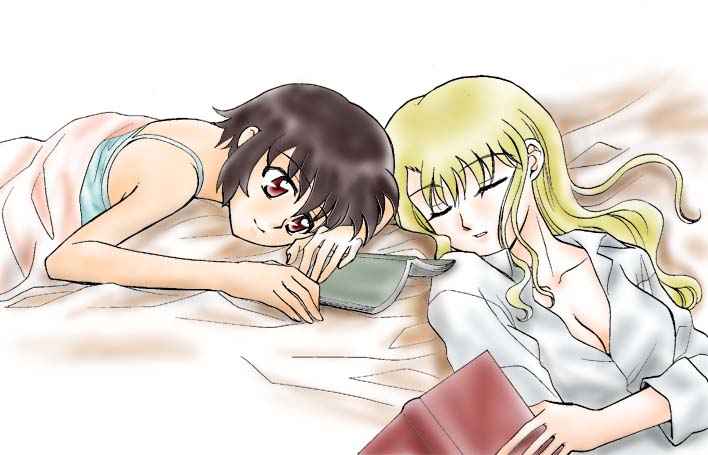 mireille bouquet, yuumura kirika, noir (anime), 00s, 2girls, blonde hair, breasts, brown hair, female focus, long hair, lying, multiple girls, red eyes, short hair, tank top, upper body
