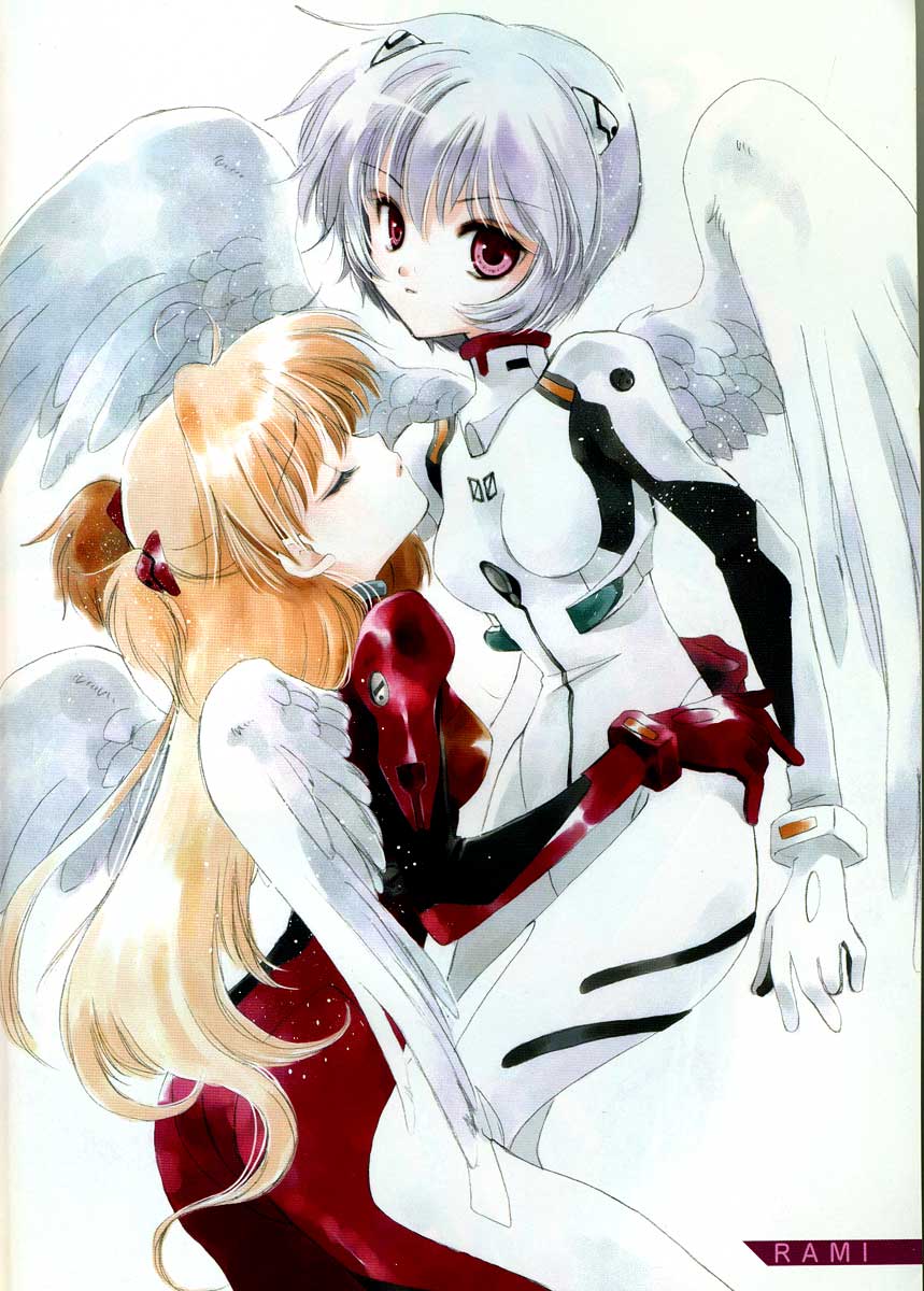 ayanami rei, souryuu asuka langley, neon genesis evangelion, highres, blue eyes, blue hair, mecha pilot suit, plugsuit (evangelion), red eyes, red hair