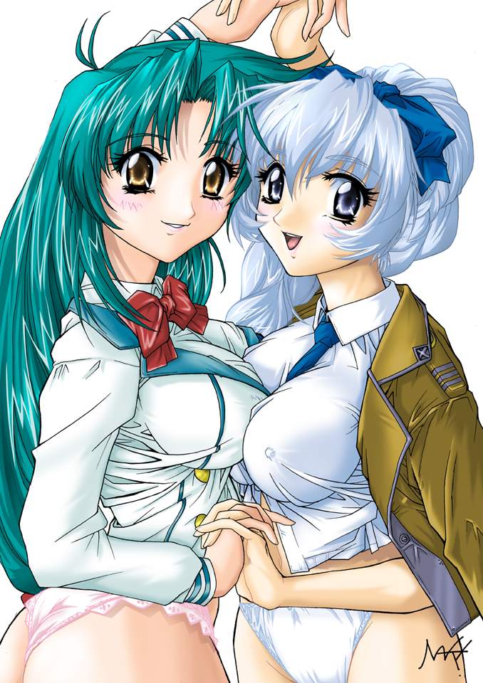 chidori kaname, teletha testarossa, full metal panic!, 00s, 2girls, ass, blue hair, multiple girls, panties, underwear, white hair
