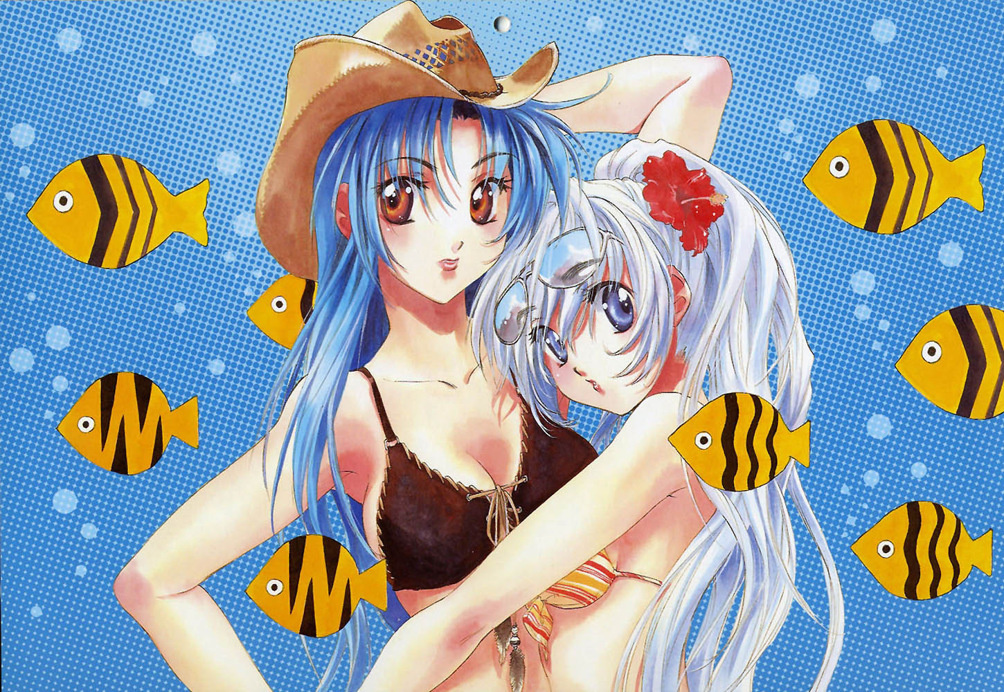 chidori kaname, teletha testarossa, full metal panic!, 00s, 2girls, blue eyes, blue hair, brown eyes, glasses, multiple girls, swimsuit, white hair