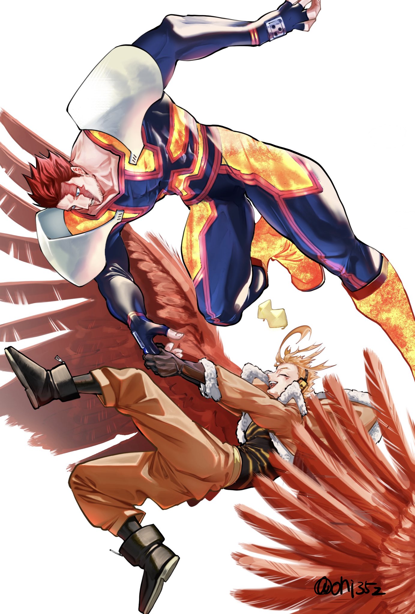endeavor (boku no hero academia), hawks (boku no hero academia), boku no hero academia, commentary request, highres, 2boys, bara, blonde hair, blue bodysuit, bodysuit, brown pants, closed eyes, collarbone, feathers, fur-trimmed jacket, fur trim, jacket, looking at another, multiple boys, muscular, muscular male, oni35z, open mouth, pants, red feathers, red hair, red wings, scar, scar across eye, scar on face, signature, smile, superhero costume, white background, wings