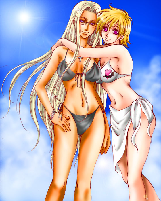 integra hellsing, seras victoria, hellsing, 2girls, bikini, blonde hair, blue eyes, cross, cross necklace, glasses, hug, jewelry, lens flare, long hair, multiple girls, necklace, purple eyes, red eyes, smile, sun, swimsuit, very long hair
