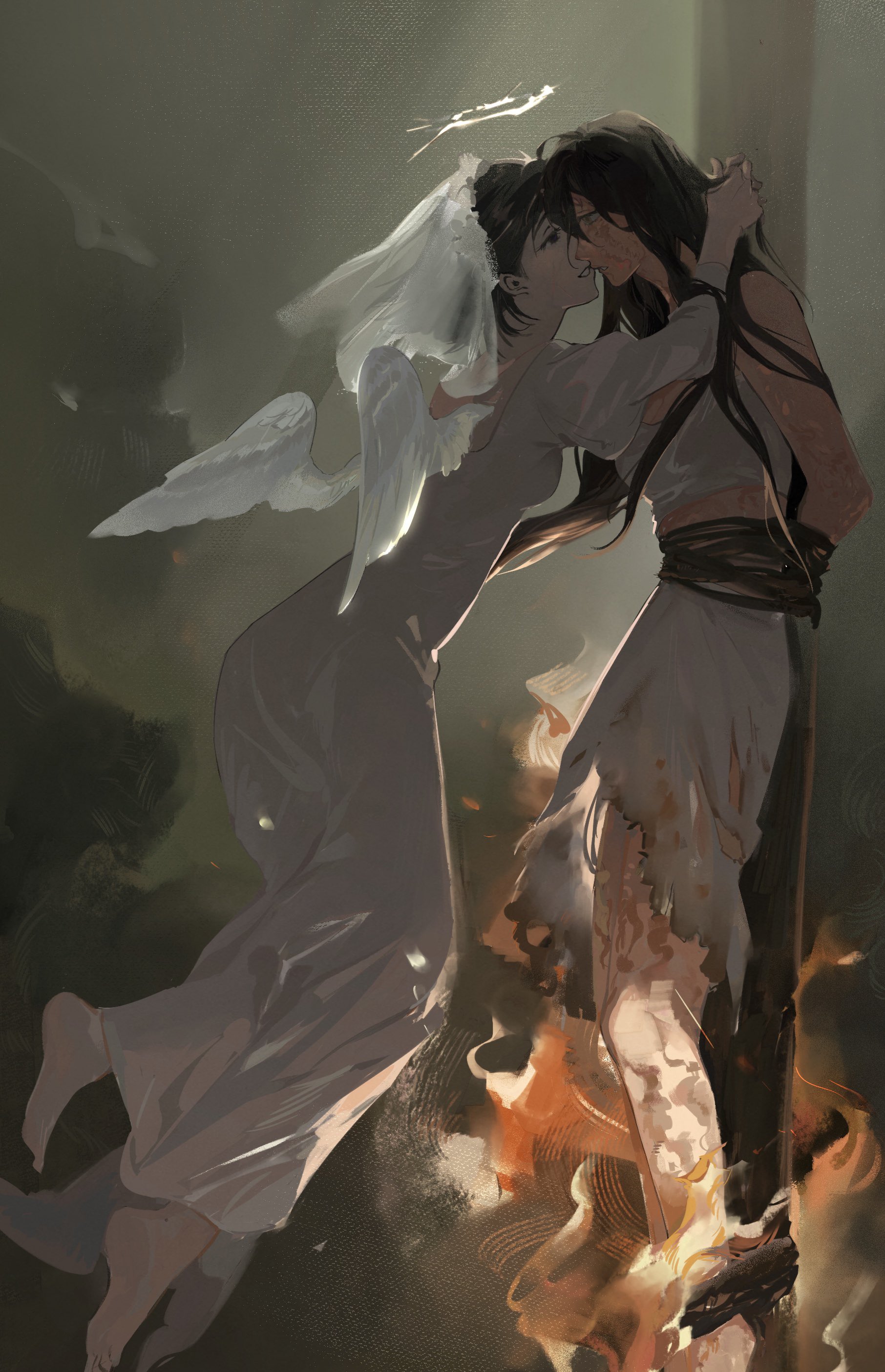 22 (22mimi2434), mizi (alien stage), sua (alien stage), alien stage, absurdres, commentary, english commentary, highres, 2girls, angel, angel wings, barefoot, black hair, burn scar, burning at the stake, dress, fire, halo, long hair, multiple girls, restrained, scar, scar on face, scar on leg, scar on stomach, short hair, skirt, spiked halo, torn clothes, torn skirt, veil, white dress, white skirt, white veil, white wings, wings, yuri