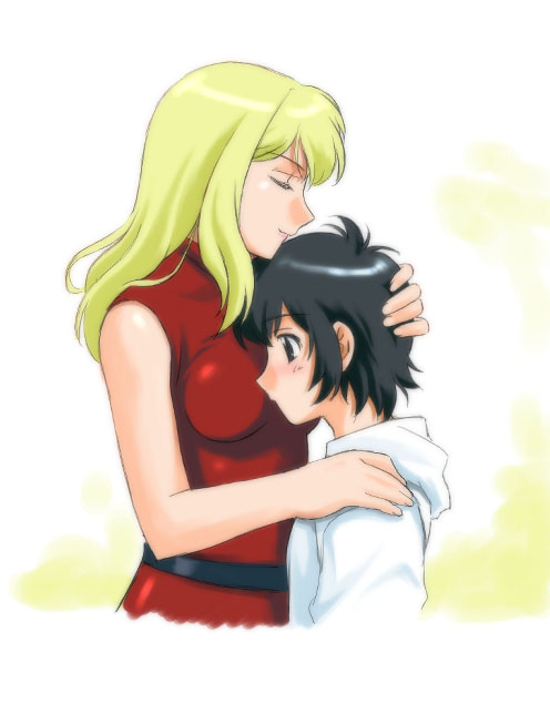 mireille bouquet, yuumura kirika, noir (anime), 00s, 2girls, black hair, blonde hair, blush, bob cut, breasts, brown hair, closed eyes, dress, female focus, hug, multiple girls, parka, short hair, sleeveless, sleeveless turtleneck, smile, standing, turtleneck, upper body, white background, yuri