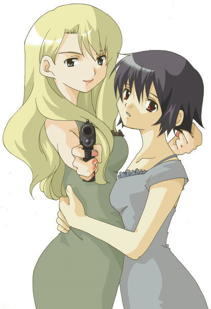 mireille bouquet, yuumura kirika, noir (anime), 00s, 2girls, black hair, blonde hair, blue eyes, breasts, dress, female focus, gun, multiple girls, red eyes, simple background, standing, weapon, white background