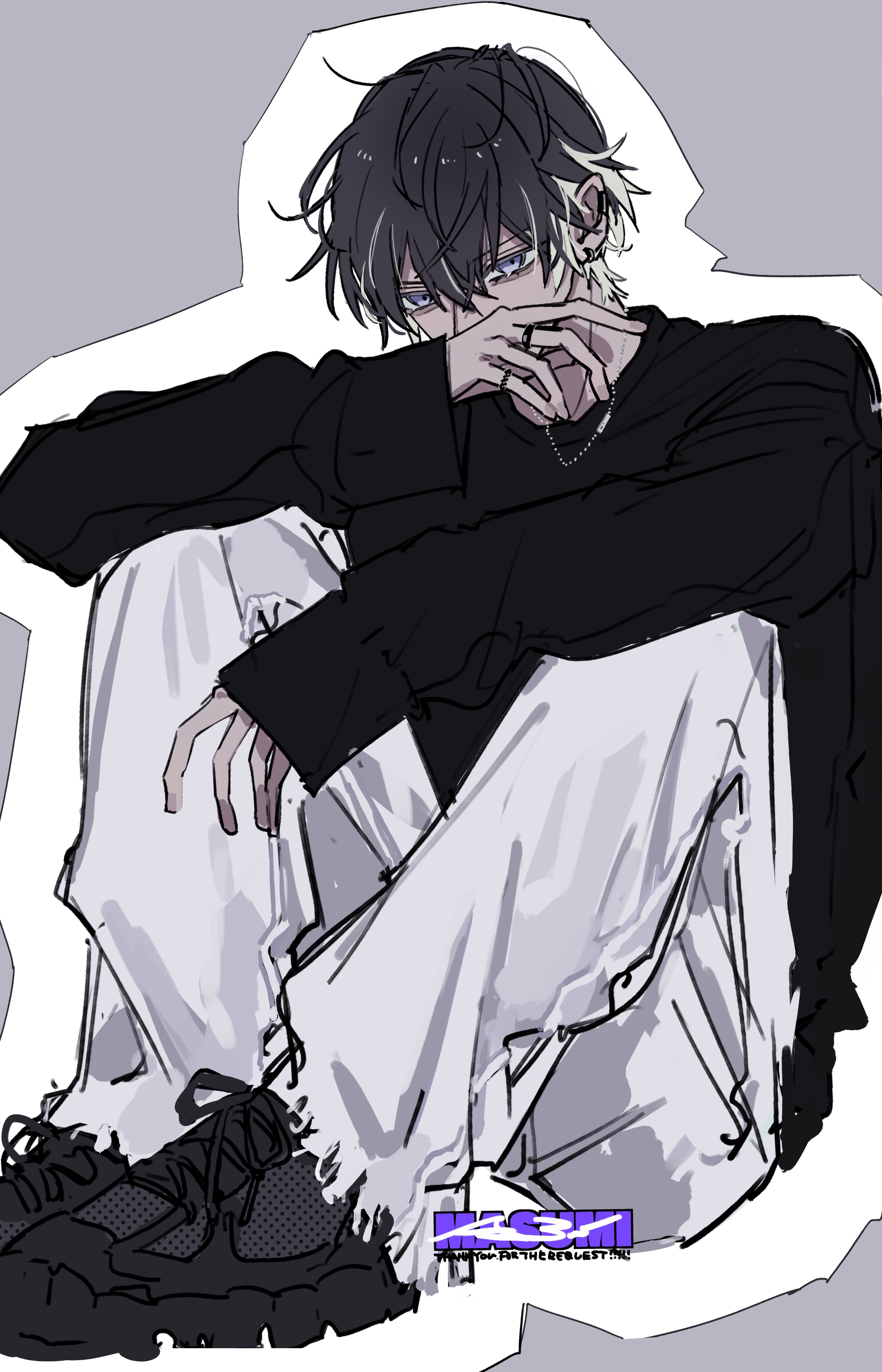 kesiks0616, nijisanji, absurdres, highres, black hair, black shoes, black sweater, full body, grey hair, jewelry, knees up, long sleeves, looking at viewer, male focus, multicolored hair, necklace, pants, shirt, shoes, short hair, simple background, sitting, sketch, sleeves past wrists, sneakers, sweater, twitter username, virtual youtuber, white pants