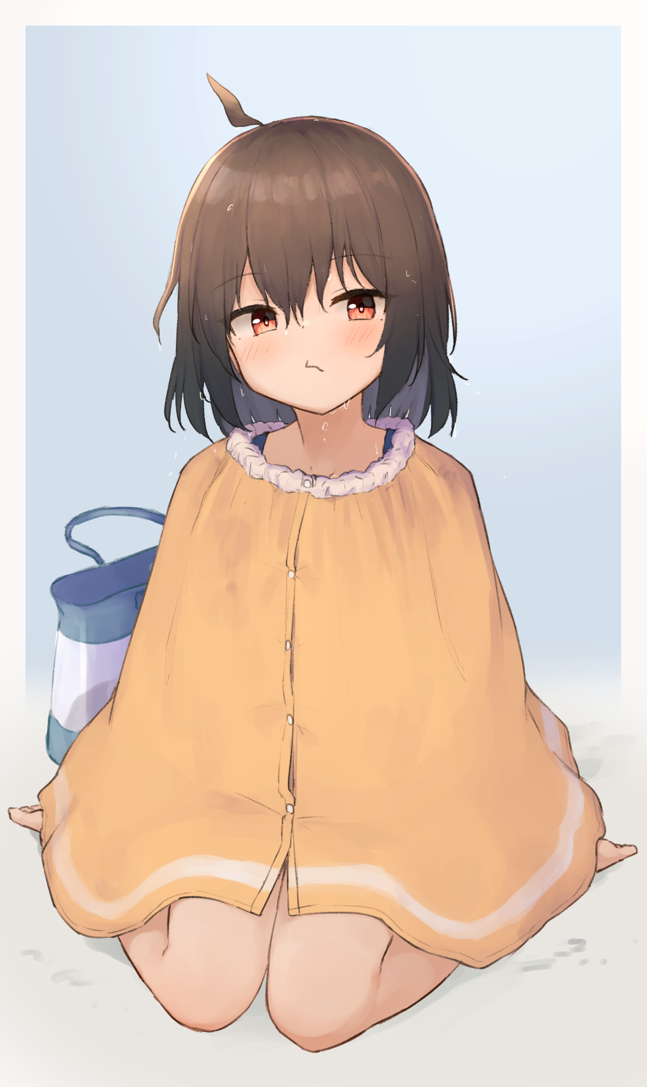 centi mnkt, original, highres, 1girl, ahoge, bag, blue background, blush, bob cut, border, brown hair, buttons, dot nose, double-parted bangs, full body, grey border, hair between eyes, haruka (centi mnkt), looking at viewer, one-piece swimsuit, orange eyes, outside border, pout, school swimsuit, short hair, shoulder bag, simple background, sitting, solo, swimsuit, swimsuit under clothes, wariza, wet, wrap towel