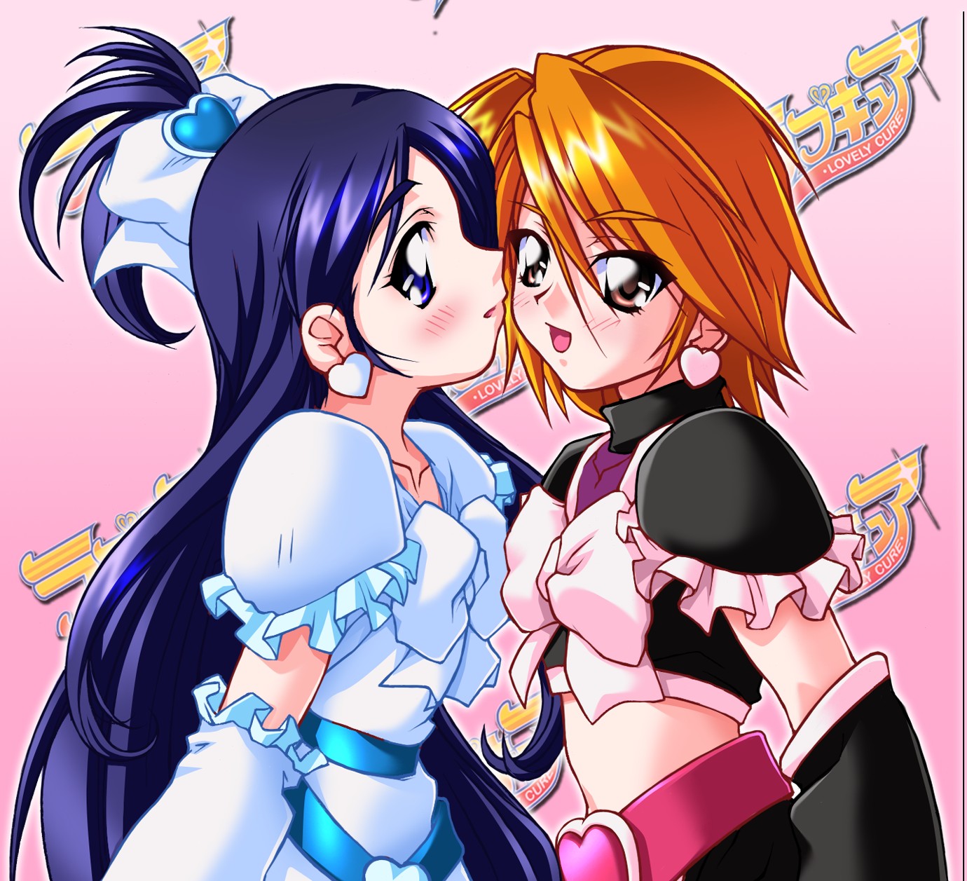 cure black, cure white, misumi nagisa, yukishiro honoka, futari wa precure, precure, highres, 00s, blue eyes, blue hair, brown eyes, brown hair