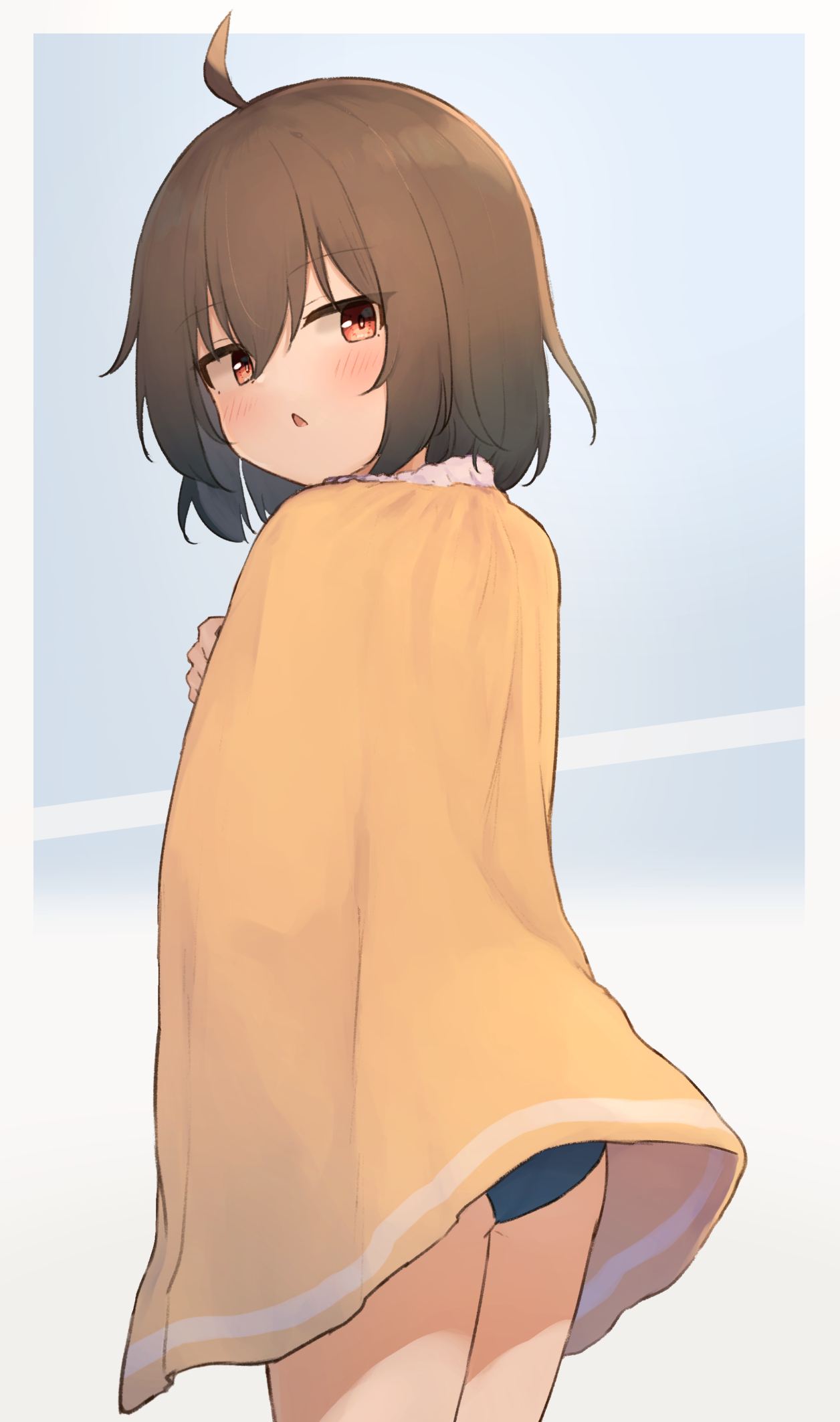 centi mnkt, original, highres, 1girl, ahoge, ass, blue background, blush, brown hair, cowboy shot, dot nose, double-parted bangs, hair between eyes, haruka (centi mnkt), looking at viewer, looking back, one-piece swimsuit, open mouth, orange eyes, school swimsuit, short hair, simple background, solo, standing, swimsuit, swimsuit under clothes, triangle mouth, wrap towel