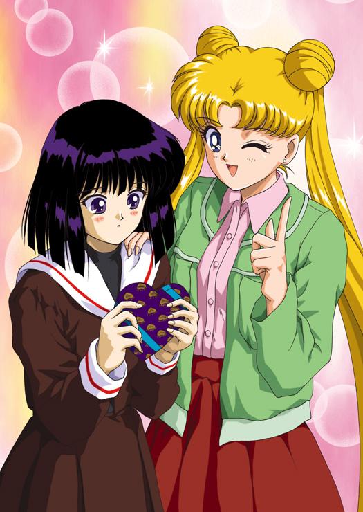 tomoe hotaru, tsukino usagi, bishoujo senshi sailor moon, 1990s (style), 2girls, black hair, blonde hair, blue eyes, blush, multiple girls, purple eyes, school uniform, serafuku, valentine