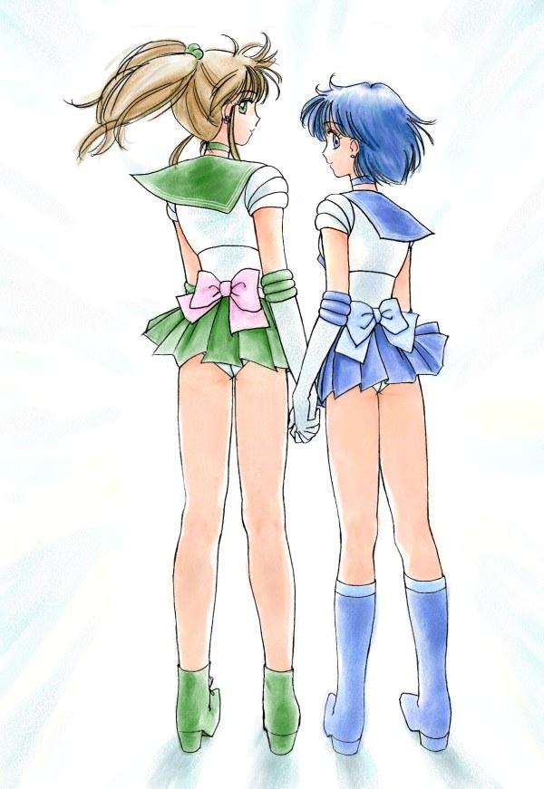kino makoto, mizuno ami, sailor jupiter, sailor mercury, bishoujo senshi sailor moon, 1990s (style), 2girls, blue eyes, blue hair, boots, bow, brown hair, choker, female focus, from behind, gloves, green eyes, holding hands, magical girl, multiple girls, panties, ponytail, retro artstyle, sailor senshi uniform, school uniform, serafuku, underwear, yuri