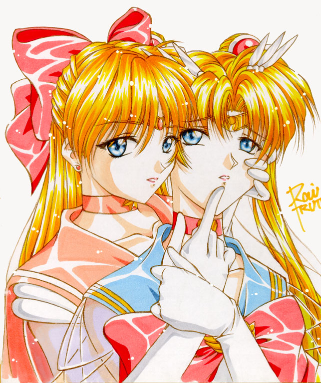 rai truth, aino minako, eternal sailor moon, sailor moon, sailor venus, super sailor moon, tsukino usagi, bishoujo senshi sailor moon, bishoujo senshi sailor moon sailor stars, bishoujo senshi sailor moon supers, 1990s (style), 2girls, blonde hair, blue eyes, blue sailor collar, bow, choker, double bun, earrings, gloves, hair bow, half updo, jewelry, long hair, magical girl, multiple girls, red bow, sailor collar, sailor senshi, school uniform, serafuku, shikishi, tiara, twintails, white background, white gloves, yuri