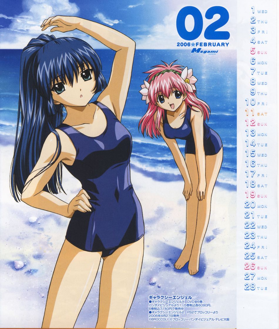karasuma chitose, milfeulle sakuraba, broccoli (company), galaxy angel, megami (magazine), 00s, 2girls, beach, blue eyes, blue hair, calendar, cloud, copyright name, dated, february, flower, hair flower, hair ornament, long hair, looking at viewer, multiple girls, open mouth, pink hair, school swimsuit, sky, smile, stretching, swimsuit
