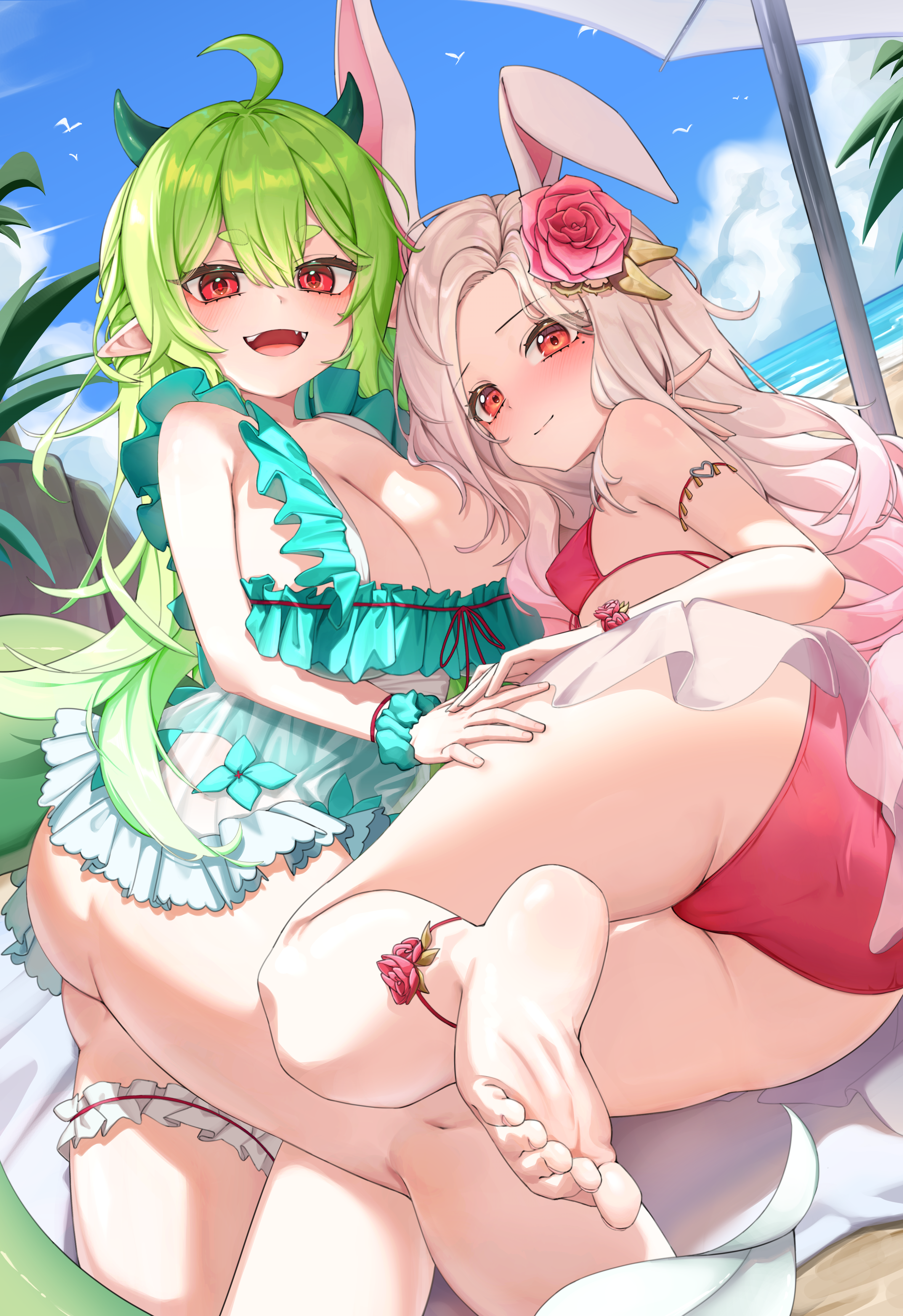 original, absurdres, artist request, commission, highres, second-party source, 2girls, ahoge, animal ears, ass, barefoot, bikini, blue sky, blush, breasts, cleavage, closed mouth, day, feet, flower, green hair, hair between eyes, hair flower, hair ornament, large breasts, looking at viewer, lying, mole, mole under eye, multiple girls, on side, open mouth, outdoors, pointy ears, rabbit ears, rabbit girl, rabbit tail, red bikini, red eyes, red flower, red rose, rose, scrunchie, sky, small breasts, smile, swimsuit, tail, white hair, wrist scrunchie