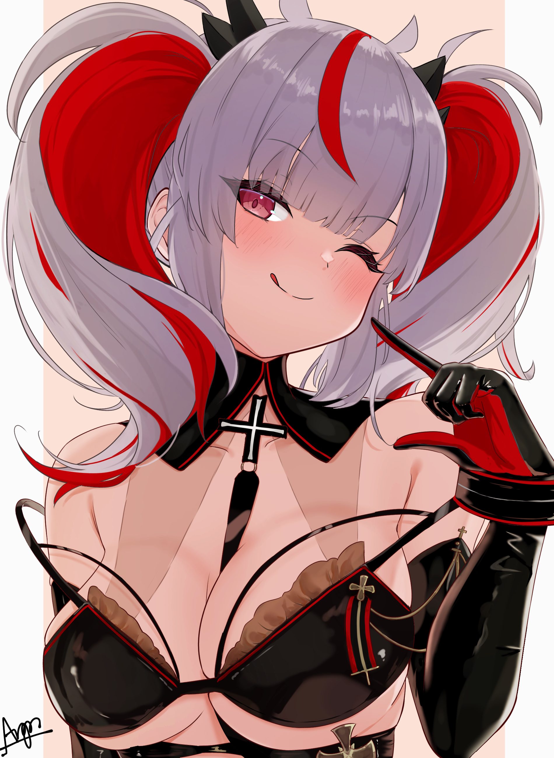 argar demo, otto von alvensleben (azur lane), azur lane, absurdres, commentary request, highres, 1girl, ;), ;q, arm behind back, bare shoulders, between breasts, bikini, black bikini, black gloves, blush, breasts, cleavage, cross, demon girl, demon horns, detached collar, elbow gloves, gloves, hand up, happy, horns, iron cross, looking at viewer, medium breasts, medium hair, multicolored hair, o-ring strap, one eye closed, pointing, pointing at self, red eyes, red hair, smile, solo, strap between breasts, strap slip, streaked hair, swimsuit, tongue, tongue out, twintails, two-tone hair, upper body, white hair